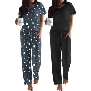 imageEkouaer 2 Pack Pajamas for Women Set Short Sleeve Sleepwear Top and Pants Pjs Soft Printed Lounge Sets with PocketsBlackGrey Star