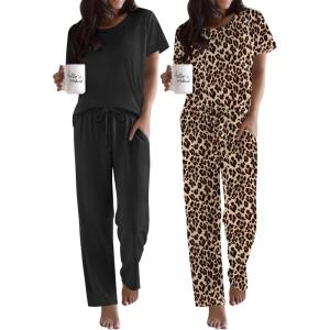 imageEkouaer 2 Pack Pajamas for Women Set Short Sleeve Sleepwear Top and Pants Pjs Soft Printed Lounge Sets with PocketsBlackLeopard