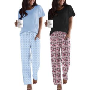 imageEkouaer 2 Pack Pajamas for Women Set Short Sleeve Sleepwear Top and Pants Pjs Soft Printed Lounge Sets with PocketsBlue LeavesBlack Flowers