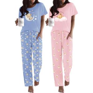 imageEkouaer 2 Pack Pajamas for Women Set Short Sleeve Sleepwear Top and Pants Pjs Soft Printed Lounge Sets with PocketsBlue TeddyPink Teddy