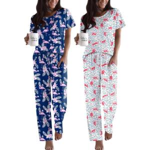 imageEkouaer 2 Pack Pajamas for Women Set Short Sleeve Sleepwear Top and Pants Pjs Soft Printed Lounge Sets with PocketsCheetah FlowerNavy Blue Flamingo