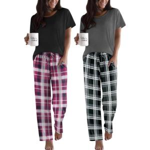 imageEkouaer 2 Pack Pajamas for Women Set Short Sleeve Sleepwear Top and Pants Pjs Soft Printed Lounge Sets with PocketsDeep Grey PlaidBlack Purple Plaid