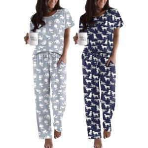 imageEkouaer 2 Pack Pajamas for Women Set Short Sleeve Sleepwear Top and Pants Pjs Soft Printed Lounge Sets with PocketsGrey CatsBlack Dogs