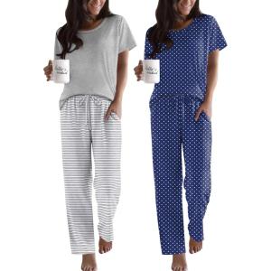 imageEkouaer 2 Pack Pajamas for Women Set Short Sleeve Sleepwear Top and Pants Pjs Soft Printed Lounge Sets with PocketsGrey StripedBlue Dots