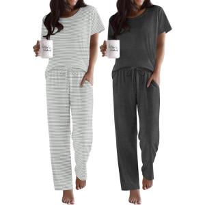 imageEkouaer 2 Pack Pajamas for Women Set Short Sleeve Sleepwear Top and Pants Pjs Soft Printed Lounge Sets with PocketsGrey StripedDeep Grey