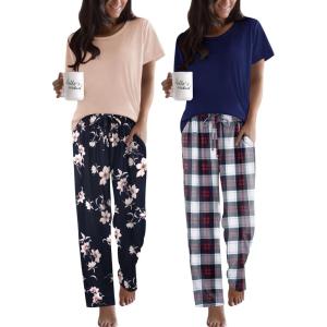 imageEkouaer 2 Pack Pajamas for Women Set Short Sleeve Sleepwear Top and Pants Pjs Soft Printed Lounge Sets with PocketsNavy Blue PlaidPink Flower