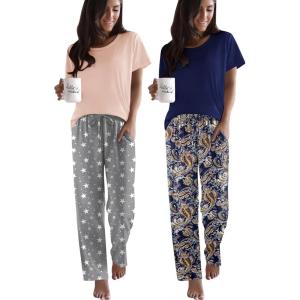 imageEkouaer 2 Pack Pajamas for Women Set Short Sleeve Sleepwear Top and Pants Pjs Soft Printed Lounge Sets with PocketsPink Grey StarCashew Flower