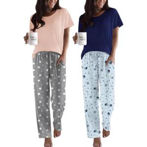 imageEkouaer 2 Pack Pajamas for Women Set Short Sleeve Sleepwear Top and Pants Pjs Soft Printed Lounge Sets with PocketsPink Grey StarNavy Blue Star