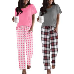 imageEkouaer 2 Pack Pajamas for Women Set Short Sleeve Sleepwear Top and Pants Pjs Soft Printed Lounge Sets with PocketsPink PlaidLight Grey Plaid