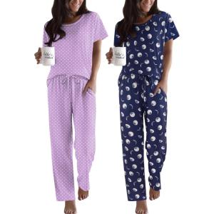 imageEkouaer 2 Pack Pajamas for Women Set Short Sleeve Sleepwear Top and Pants Pjs Soft Printed Lounge Sets with PocketsPurple DotsNavy Blue Moon