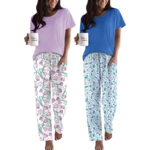 imageEkouaer 2 Pack Pajamas for Women Set Short Sleeve Sleepwear Top and Pants Pjs Soft Printed Lounge Sets with PocketsPurple FlowerBlue Flower