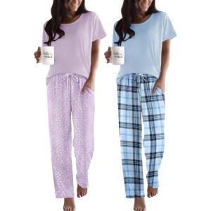 imageEkouaer 2 Pack Pajamas for Women Set Short Sleeve Sleepwear Top and Pants Pjs Soft Printed Lounge Sets with PocketsPurple FlowerLight Blue Plaid