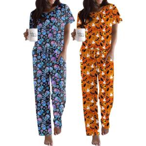 imageEkouaer 2 Pack Pajamas for Women Set Short Sleeve Sleepwear Top and Pants Pjs Soft Printed Lounge Sets with PocketsSkullHalloween