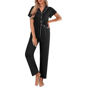 imageEkouaer Pajamas for Women Set Button Up Sleepwear Cute Pjs Ruffle Sleeve Notch Collar Loungewear with Long Pants SXXLBlack