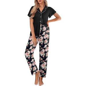 imageEkouaer Pajamas for Women Set Button Up Sleepwear Cute Pjs Ruffle Sleeve Notch Collar Loungewear with Long Pants SXXLBlack Floral