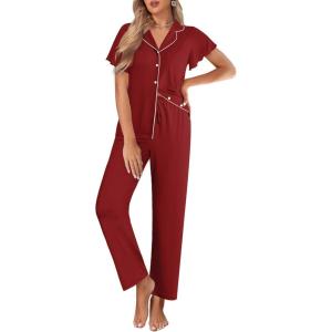 imageEkouaer Pajamas for Women Set Button Up Sleepwear Cute Pjs Ruffle Sleeve Notch Collar Loungewear with Long Pants SXXLBurgundy
