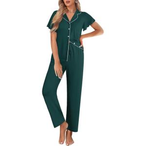 imageEkouaer Pajamas for Women Set Button Up Sleepwear Cute Pjs Ruffle Sleeve Notch Collar Loungewear with Long Pants SXXLEmerald Green