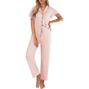 imageEkouaer Pajamas for Women Set Button Up Sleepwear Cute Pjs Ruffle Sleeve Notch Collar Loungewear with Long Pants SXXLLight Pink