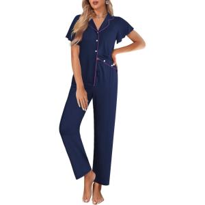 imageEkouaer Pajamas for Women Set Button Up Sleepwear Cute Pjs Ruffle Sleeve Notch Collar Loungewear with Long Pants SXXLNavy Blue
