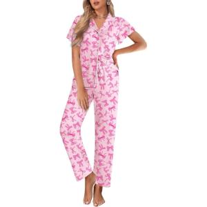 imageEkouaer Pajamas for Women Set Button Up Sleepwear Cute Pjs Ruffle Sleeve Notch Collar Loungewear with Long Pants SXXLPink Bow Tie