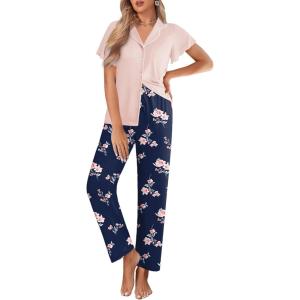 imageEkouaer Pajamas for Women Set Button Up Sleepwear Cute Pjs Ruffle Sleeve Notch Collar Loungewear with Long Pants SXXLPink Floral
