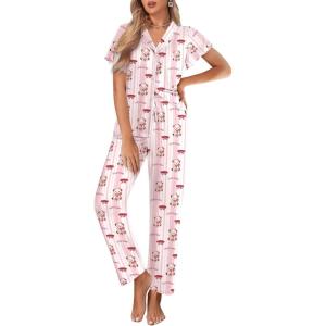 imageEkouaer Pajamas for Women Set Button Up Sleepwear Cute Pjs Ruffle Sleeve Notch Collar Loungewear with Long Pants SXXLPink Striped Bow Teddy
