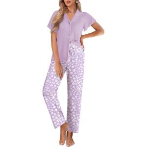 imageEkouaer Pajamas for Women Set Button Up Sleepwear Cute Pjs Ruffle Sleeve Notch Collar Loungewear with Long Pants SXXLPurple Flower