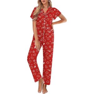 imageEkouaer Pajamas for Women Set Button Up Sleepwear Cute Pjs Ruffle Sleeve Notch Collar Loungewear with Long Pants SXXLRed Xmas Teddy