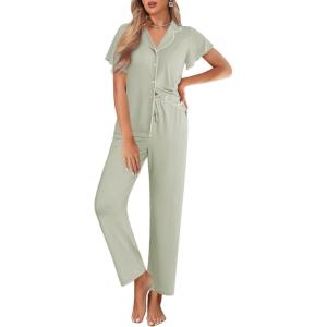 imageEkouaer Pajamas for Women Set Button Up Sleepwear Cute Pjs Ruffle Sleeve Notch Collar Loungewear with Long Pants SXXLSage Green