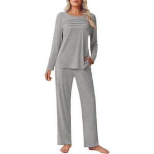 imageEkouaer Womens Pajama Sets Pleated Tops with Long Pants Lounge Set Long Sleeve Fall Sleepwear Ladies Pjs SXXLGrey