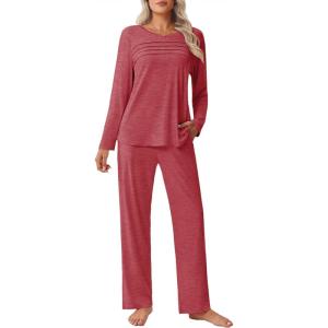 imageEkouaer Womens Pajama Sets Pleated Tops with Long Pants Lounge Set Long Sleeve Fall Sleepwear Ladies Pjs SXXLWine Red