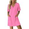 imageEkouaer Nightgowns for Women Short Sleeve Sleep Shirt V Neck Night Gown With Pockets Soft Pajamas Dress Casual SleepwearHot Pink