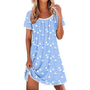 imageEkouaer Cotton Nightgowns for Women Lace Trim Sleep Shirts Short Sleeve Night Shirts Sleep Dress with PocketsBlue Birds