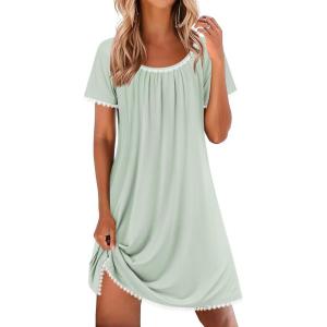 imageEkouaer Cotton Nightgowns for Women Lace Trim Sleep Shirts Short Sleeve Night Shirts Sleep Dress with PocketsLight Green