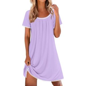 imageEkouaer Cotton Nightgowns for Women Lace Trim Sleep Shirts Short Sleeve Night Shirts Sleep Dress with PocketsLight Purple