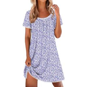 imageEkouaer Cotton Nightgowns for Women Lace Trim Sleep Shirts Short Sleeve Night Shirts Sleep Dress with PocketsPurple Floral