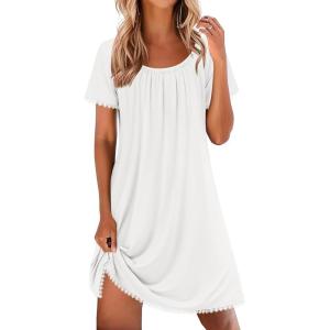 imageEkouaer Cotton Nightgowns for Women Lace Trim Sleep Shirts Short Sleeve Night Shirts Sleep Dress with PocketsWhite