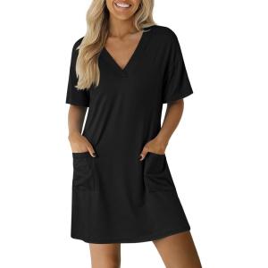 imageEkouaer Nightgowns for Women Short Sleeve Sleep Shirt V Neck Night Gown With Pockets Soft Pajamas Dress Casual SleepwearBlack