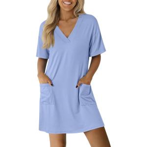 imageEkouaer Nightgowns for Women Short Sleeve Sleep Shirt V Neck Night Gown With Pockets Soft Pajamas Dress Casual SleepwearBlue