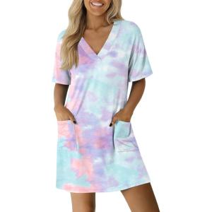 imageEkouaer Nightgowns for Women Short Sleeve Sleep Shirt V Neck Night Gown With Pockets Soft Pajamas Dress Casual SleepwearBlue Tie Dye