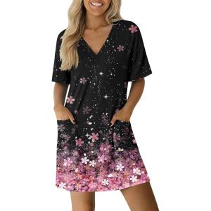 imageEkouaer Nightgowns for Women Short Sleeve Sleep Shirt V Neck Night Gown With Pockets Soft Pajamas Dress Casual SleepwearCherry Blossoms