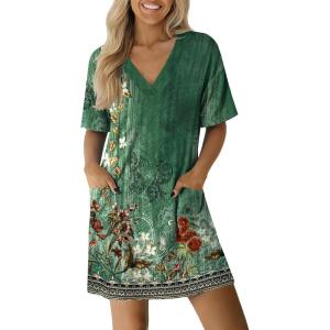 imageEkouaer Nightgowns for Women Short Sleeve Sleep Shirt V Neck Night Gown With Pockets Soft Pajamas Dress Casual SleepwearFloral Green