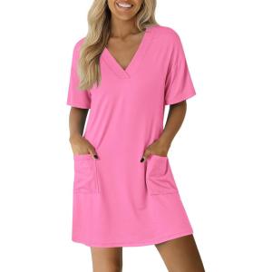 imageEkouaer Nightgowns for Women Short Sleeve Sleep Shirt V Neck Night Gown With Pockets Soft Pajamas Dress Casual SleepwearHot Pink