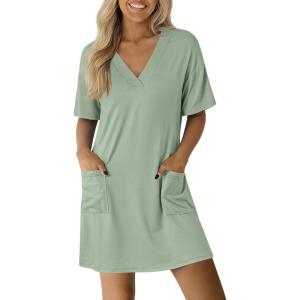 imageEkouaer Nightgowns for Women Short Sleeve Sleep Shirt V Neck Night Gown With Pockets Soft Pajamas Dress Casual SleepwearLight Green