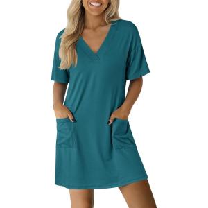 imageEkouaer Nightgowns for Women Short Sleeve Sleep Shirt V Neck Night Gown With Pockets Soft Pajamas Dress Casual SleepwearPeacock Blue