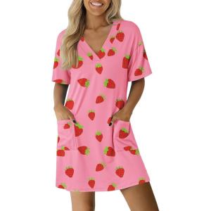 imageEkouaer Nightgowns for Women Short Sleeve Sleep Shirt V Neck Night Gown With Pockets Soft Pajamas Dress Casual SleepwearPink Strawberry