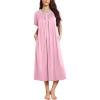 imageEkouaer Long Nightgowns for Women Short Sleeve Sleepshirt Button Sleep Dress with PocketsPink