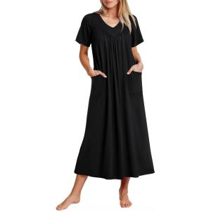 imageEkouaer Long Nightgowns for Women Short Sleeve House Dress with Pockets Full Length Loungewear S3XLBlack
