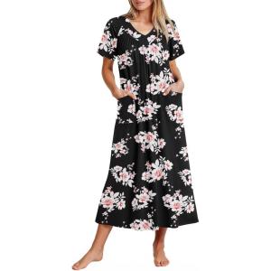 imageEkouaer Long Nightgowns for Women Short Sleeve House Dress with Pockets Full Length Loungewear S3XLBlack Pink Flower