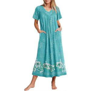 imageEkouaer Long Nightgowns for Women Short Sleeve House Dress with Pockets Full Length Loungewear S3XLBlue Floral